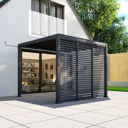 Modern black aluminum patio cover with slatted privacy panels, attached to a contemporary home, providing an outdoor shade and versatile space for relaxation and entertaining.