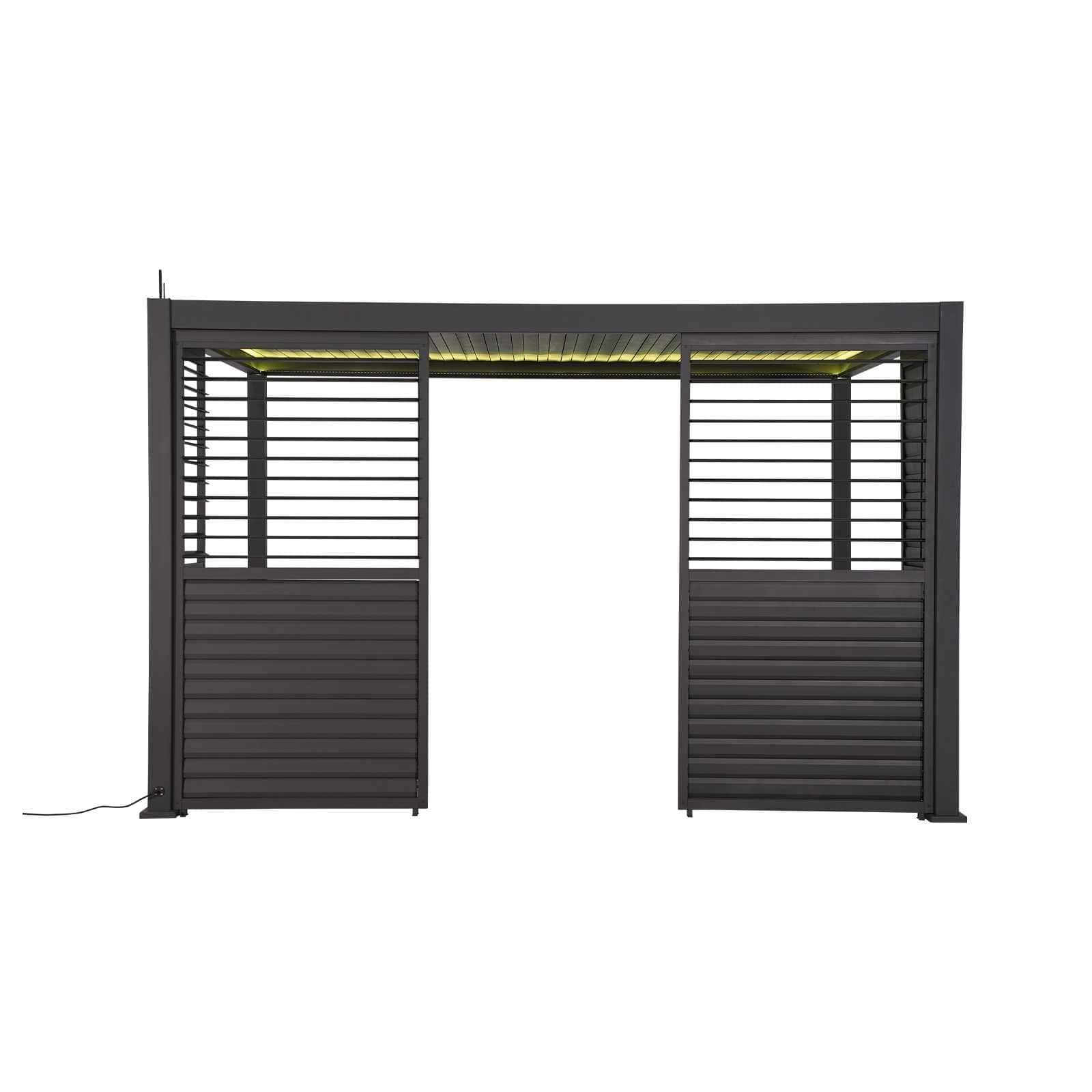 Modern black luxury outdoor pergola with horizontal slats, perfect for patio or backyard shade solutions, offering stylish privacy and durable construction.